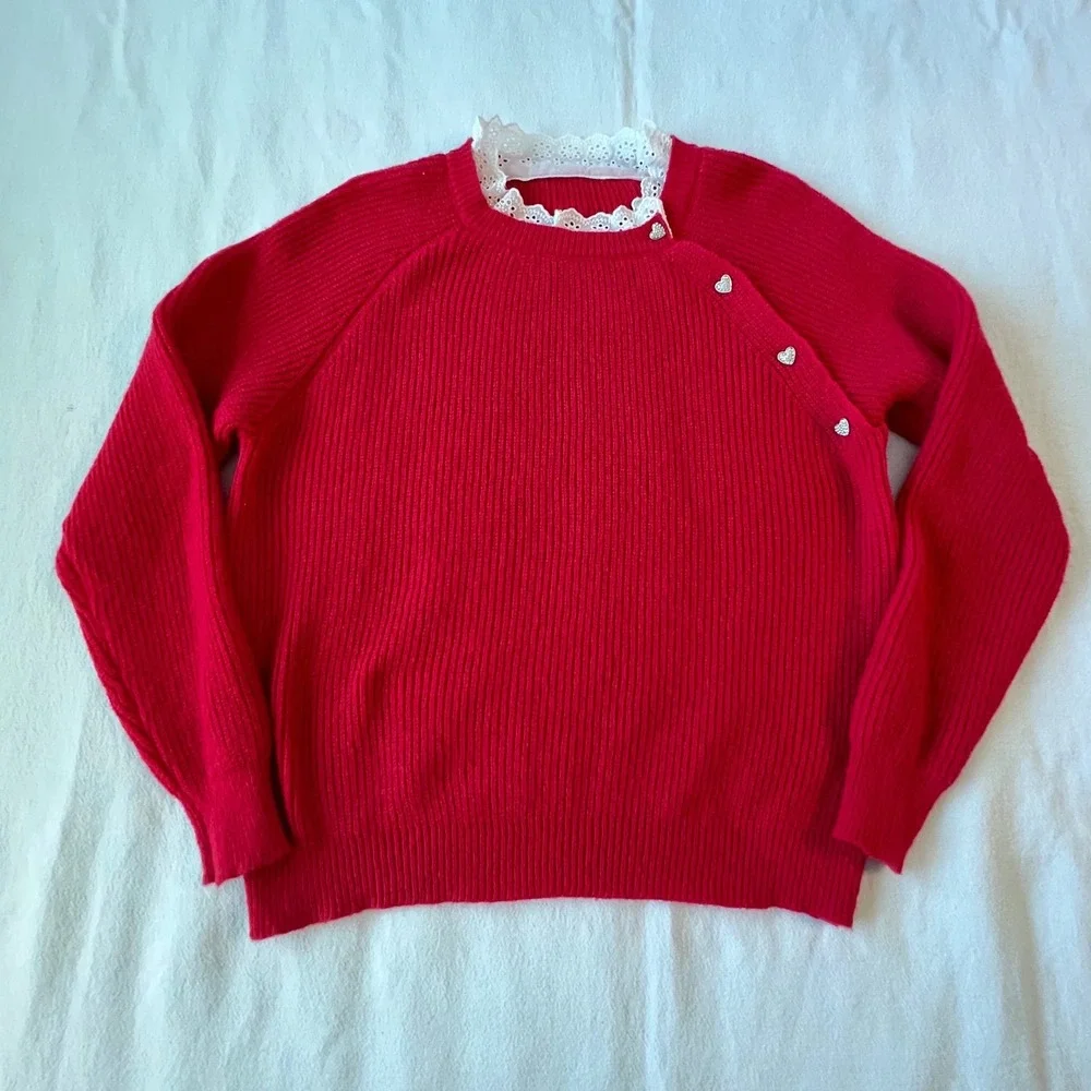 Women's Red Ribbed Knit Sweater with Lace Collar and Rhinestone Heart Buttons‎